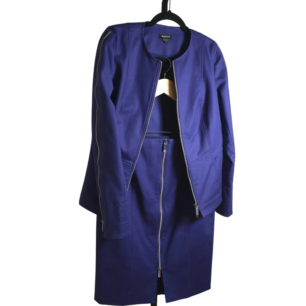 Worth New York Blue Zip Front Jacket Pencil Skirt Set Womens 4 Career Structured